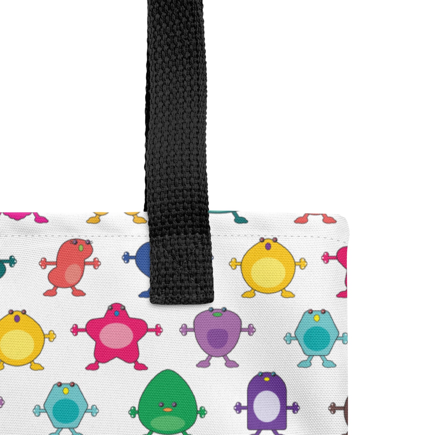 Large Multi colour Monster white Tote bag black handle close up