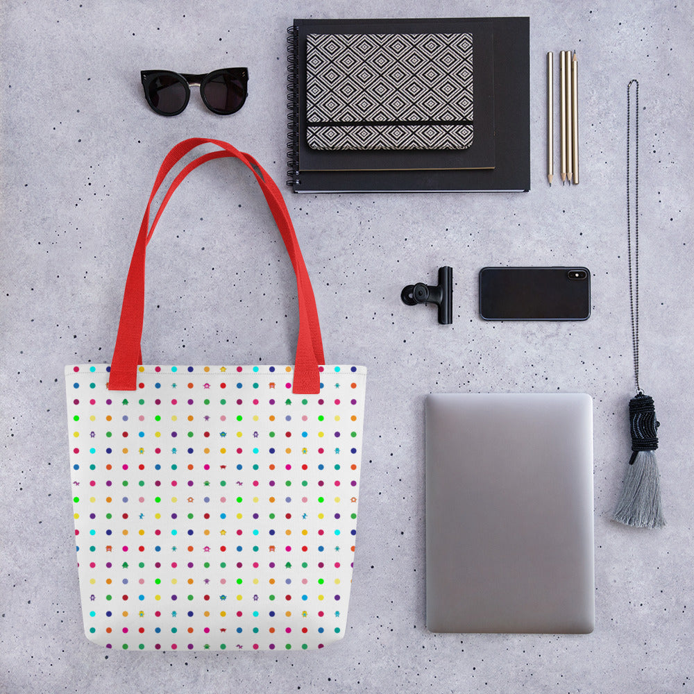 Mini dot and monster white Tote bag red handle iPhone laptop