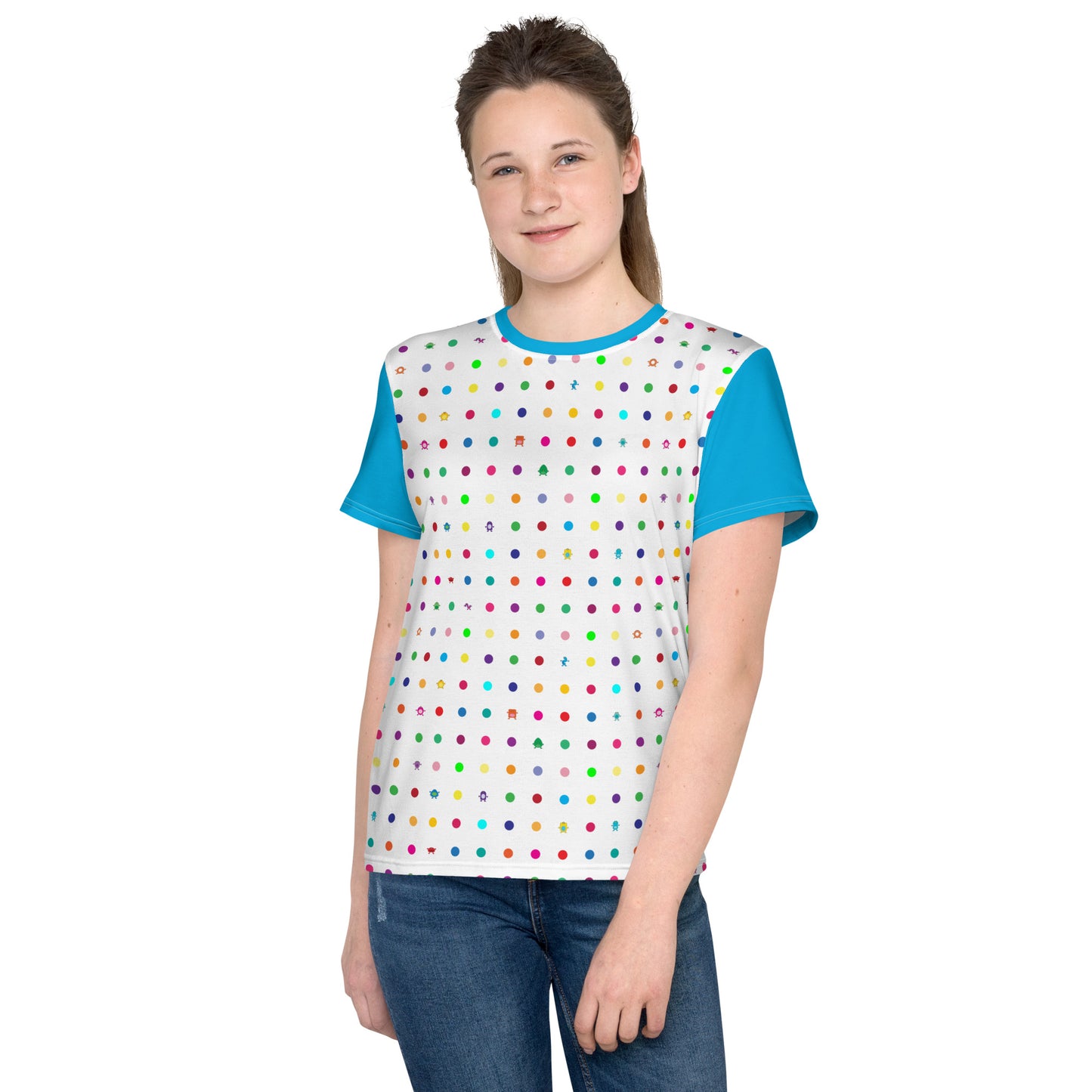 Youth t-shirt Small dots turquoise sleeves crew neck