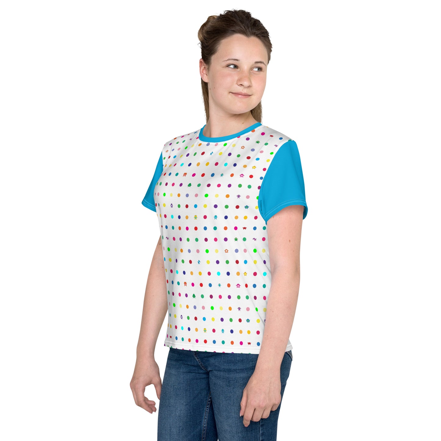 Youth t-shirt Small dots turquoise sleeves crew neck