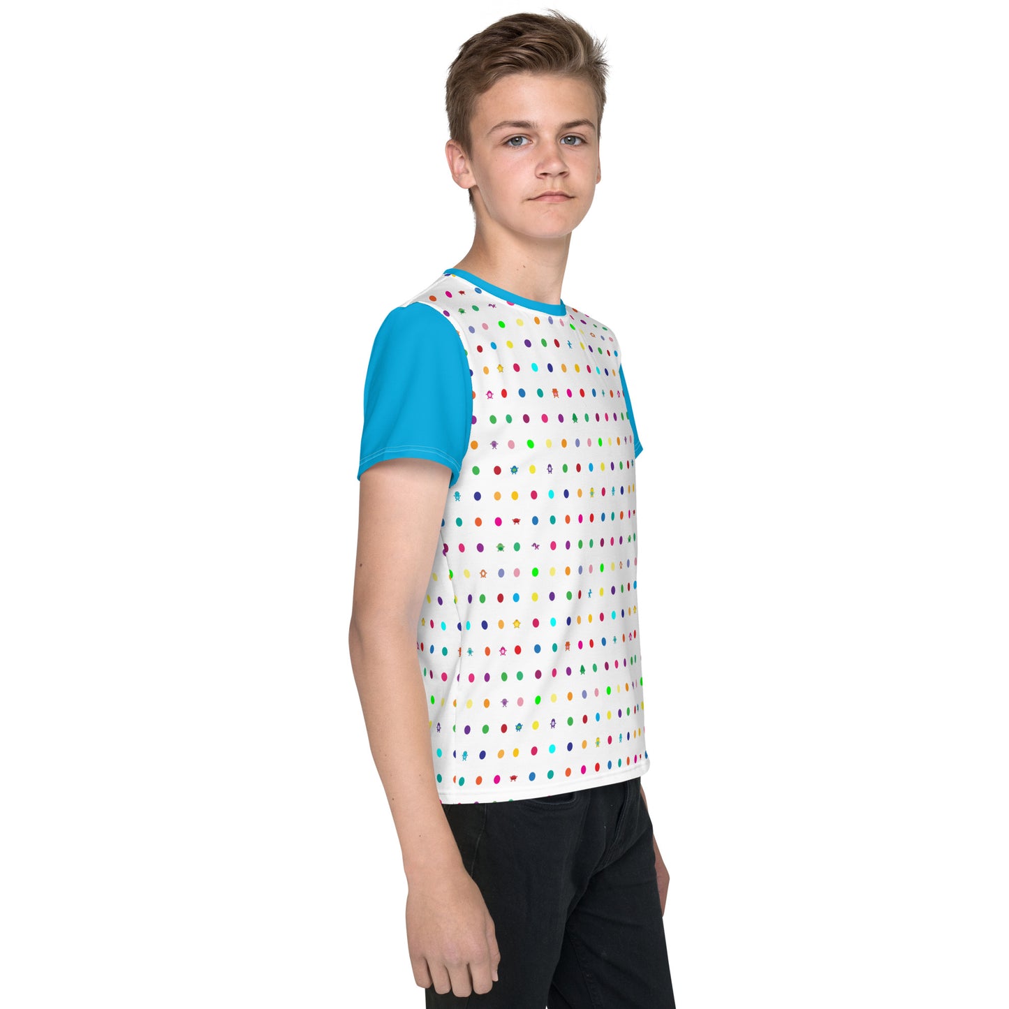 Youth t-shirt Small dots turquoise sleeves crew neck