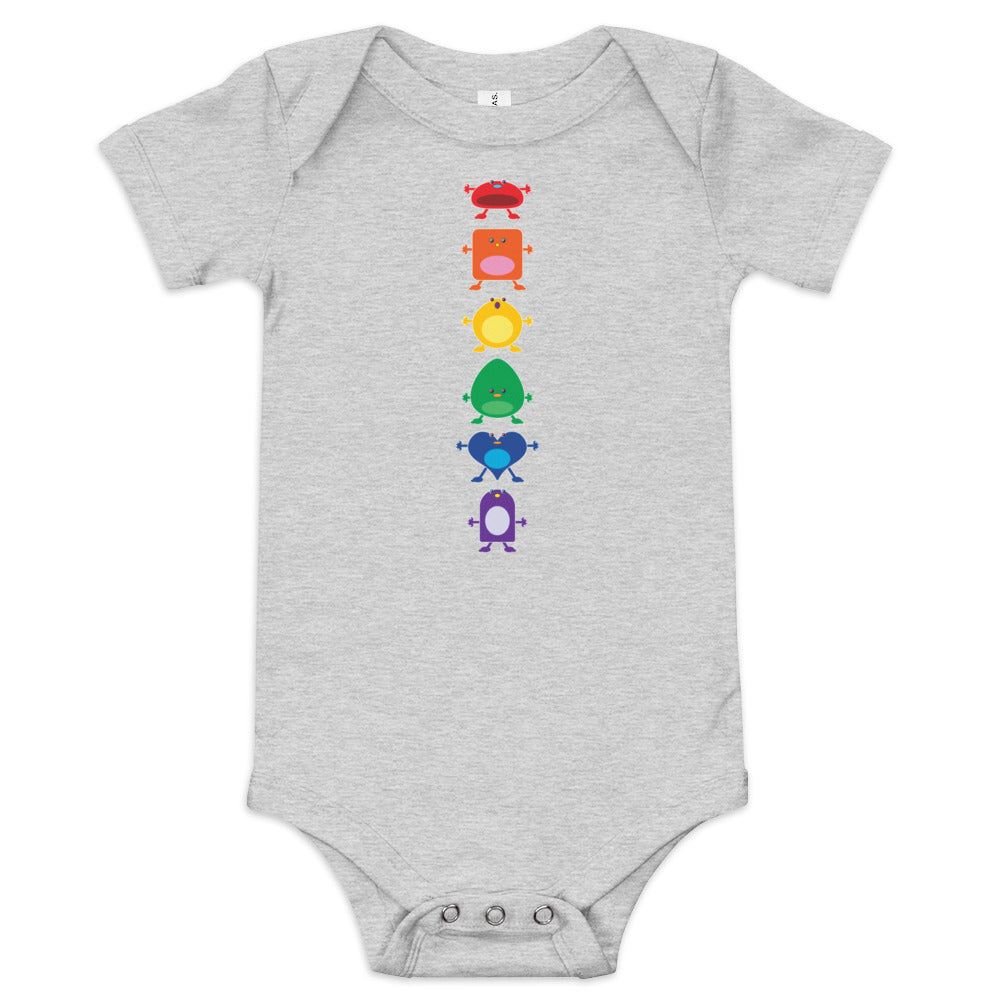 baby onesie grey with vertical column six large coloured monsters rainbow