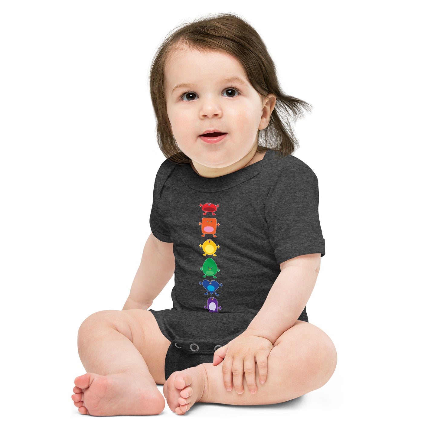 baby onesie charcoal dark grey with vertical column six large coloured monsters rainbow