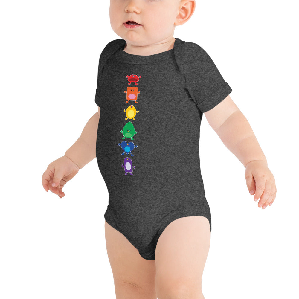 baby onesie charcoal dark grey with vertical column six large coloured monsters rainbow