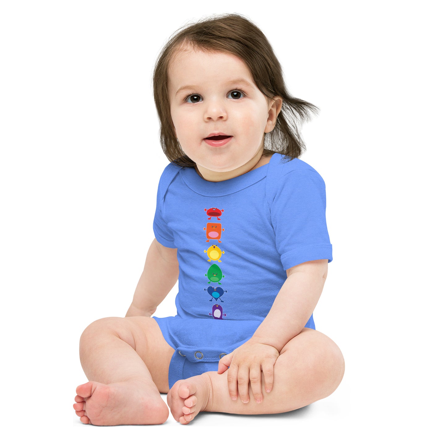baby onesie blue with vertical column six large coloured monsters rainbow