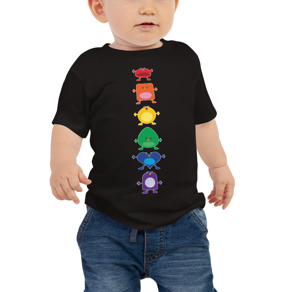baby t-shirt black with vertical column six large coloured monsters rainbow