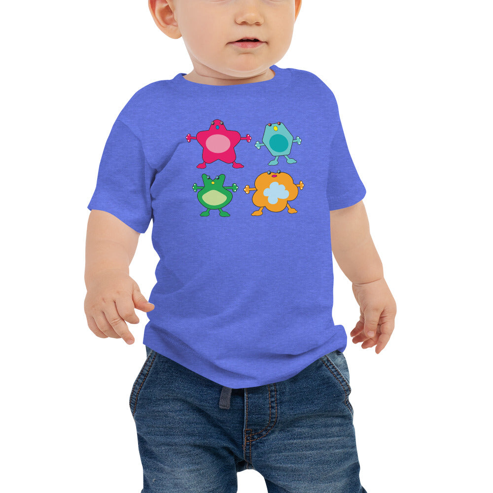 baby t-shirt blue with four large coloured monsters