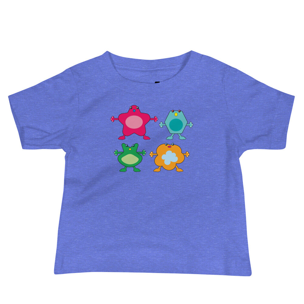 baby t-shirt blue with four large coloured monsters