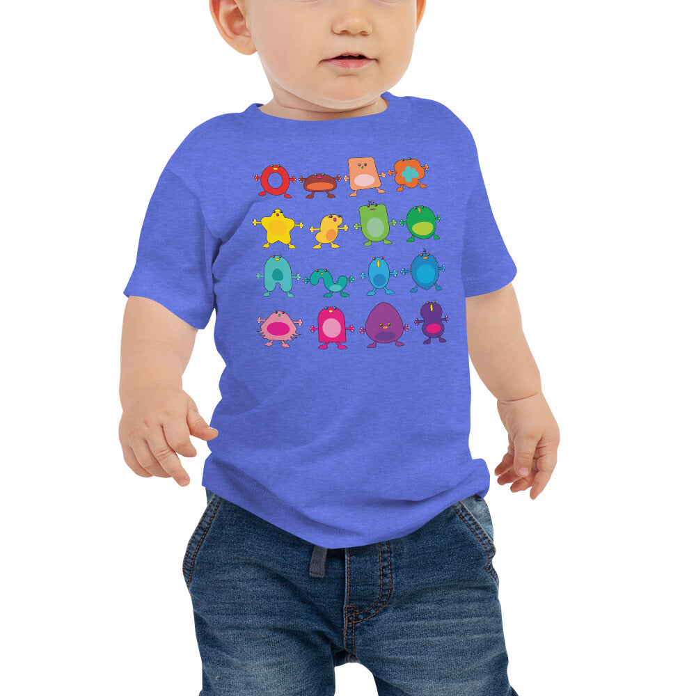 baby t-shirt blue with twelve large coloured monsters rainbow