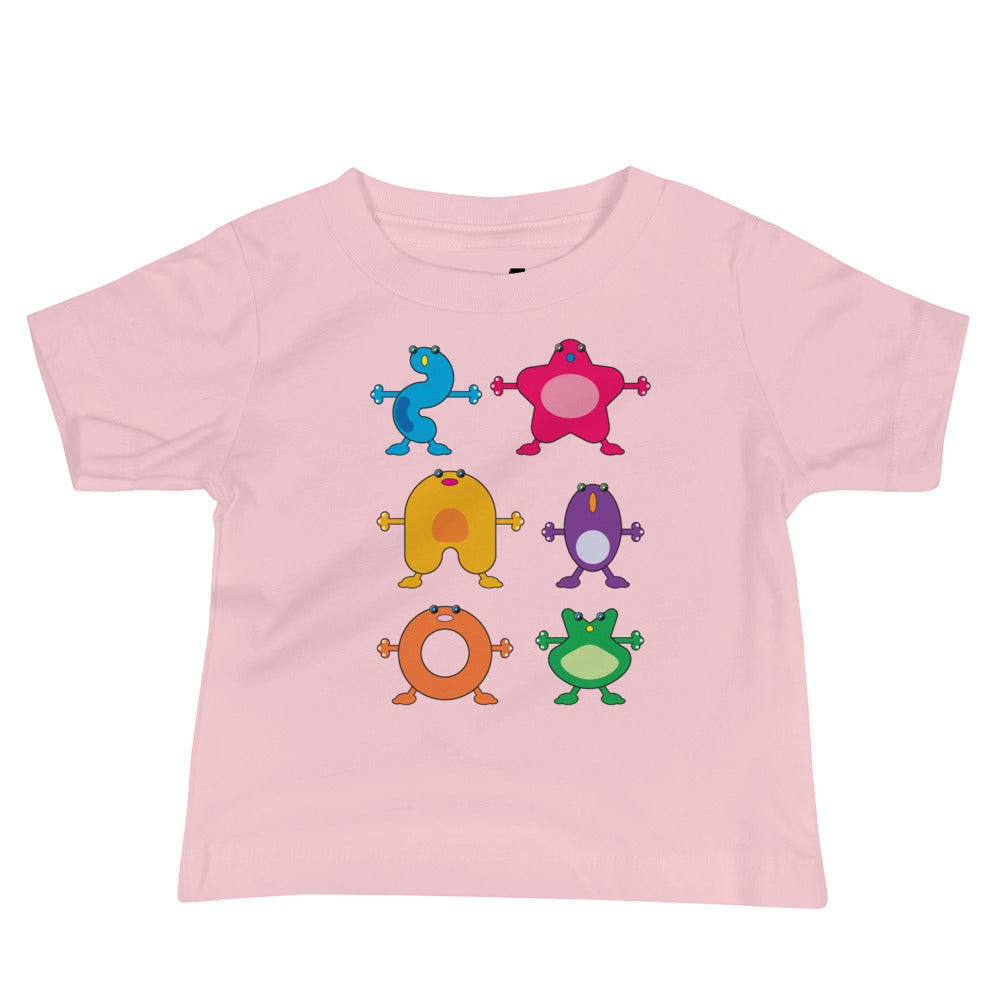 baby t-shirt pink with six large coloured monsters