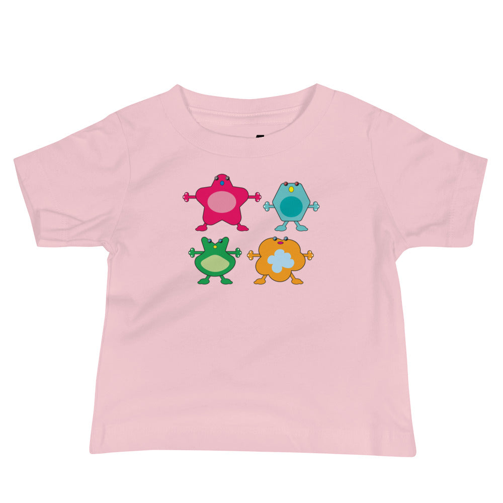 baby t-shirt pink with four large coloured monsters