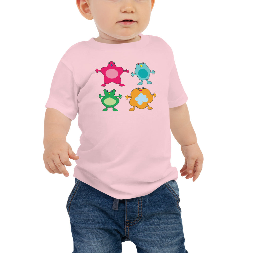 baby t-shirt pink with four large coloured monsters