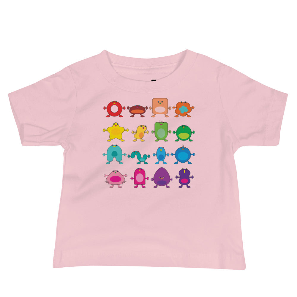 baby t-shirt pink with twelve large coloured monsters rainbow