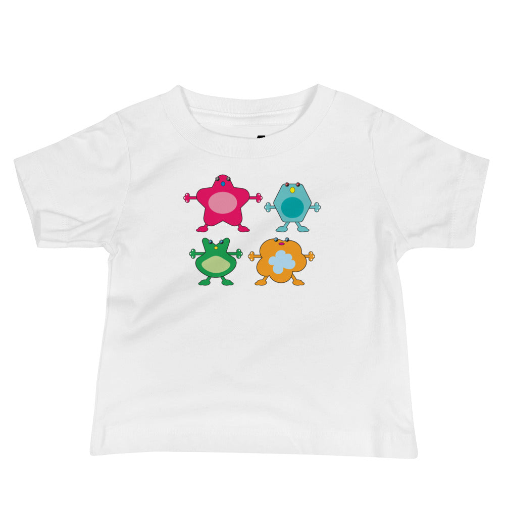 baby t-shirt white with four large coloured monsters