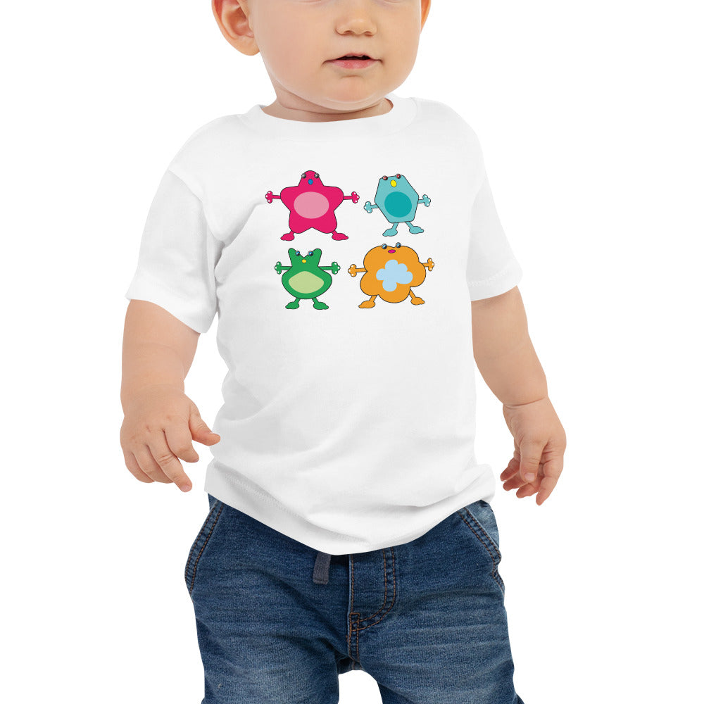baby t-shirt white with four large coloured monsters