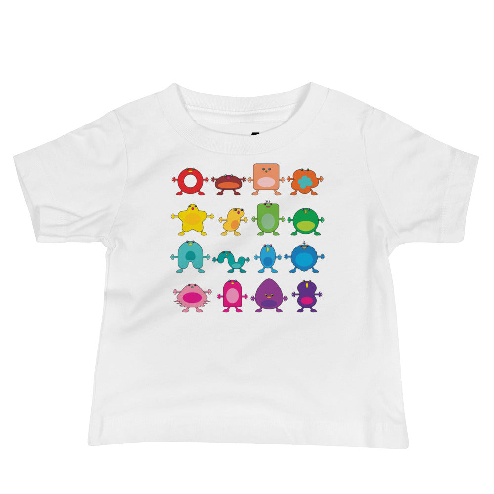baby t-shirt white with twelve large coloured monsters rainbow