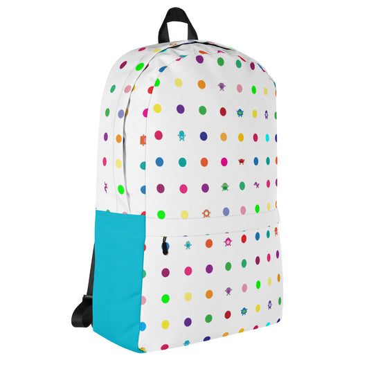 White Turquoise Small Dot Monster Backpack with zip pocket