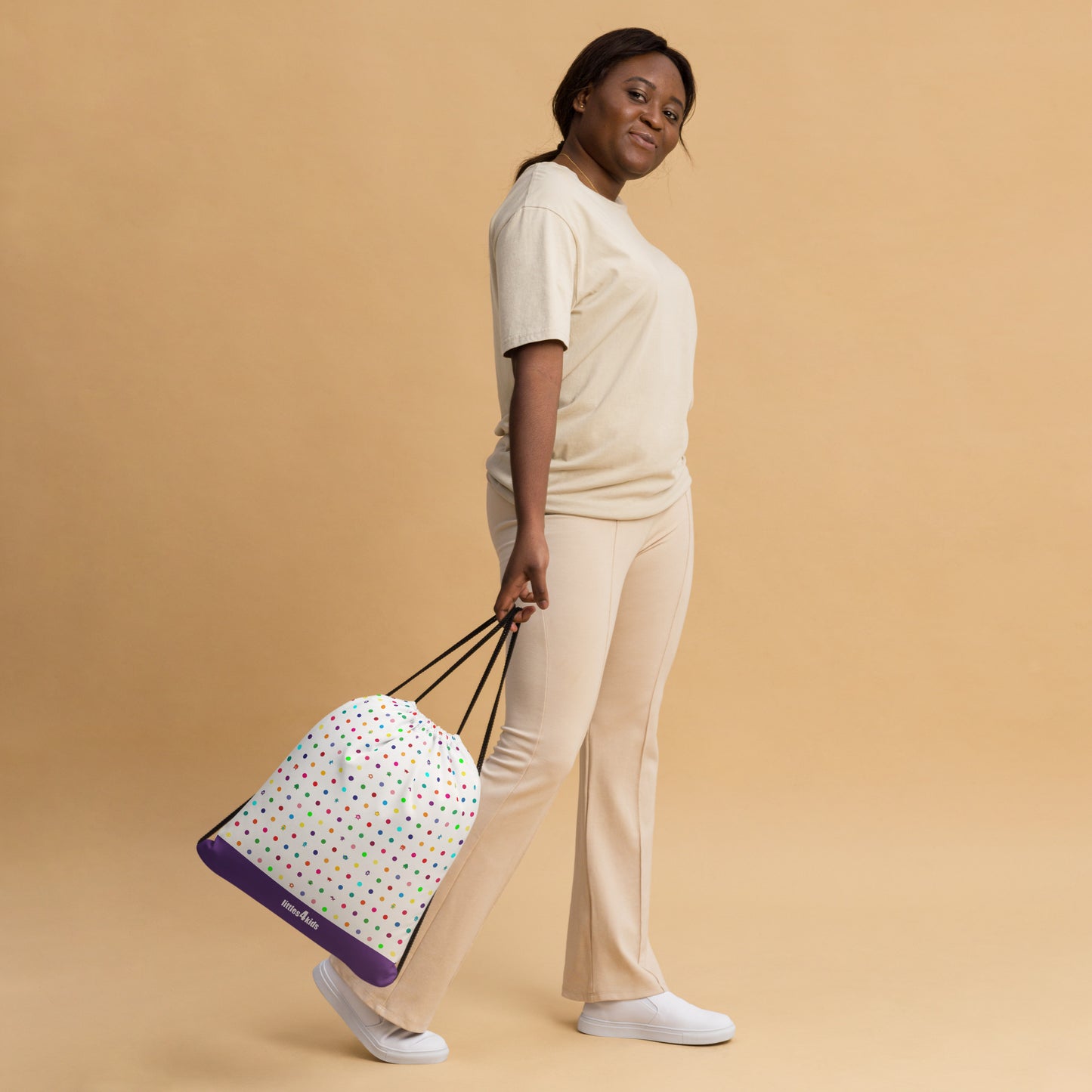White Small Dot Monster drawstring bag purple bottom woman carrying