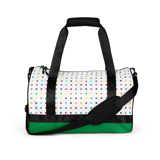 Kids cute colourful dot graphic print on white gym bag black handles with green bottom side view