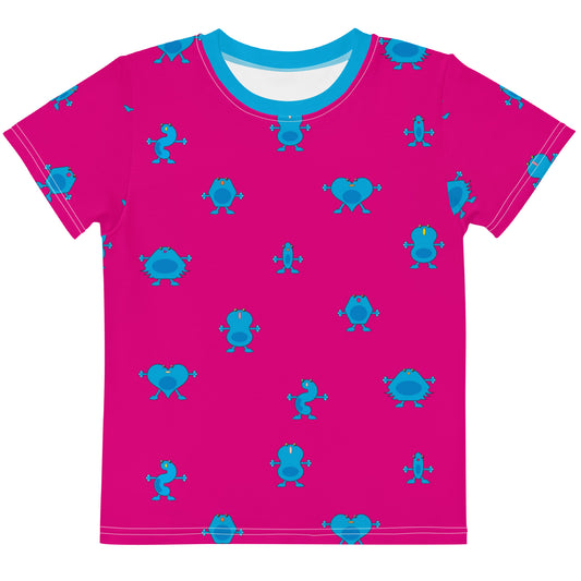 Pink Kids crew neck t-shirt with blue Monsters front