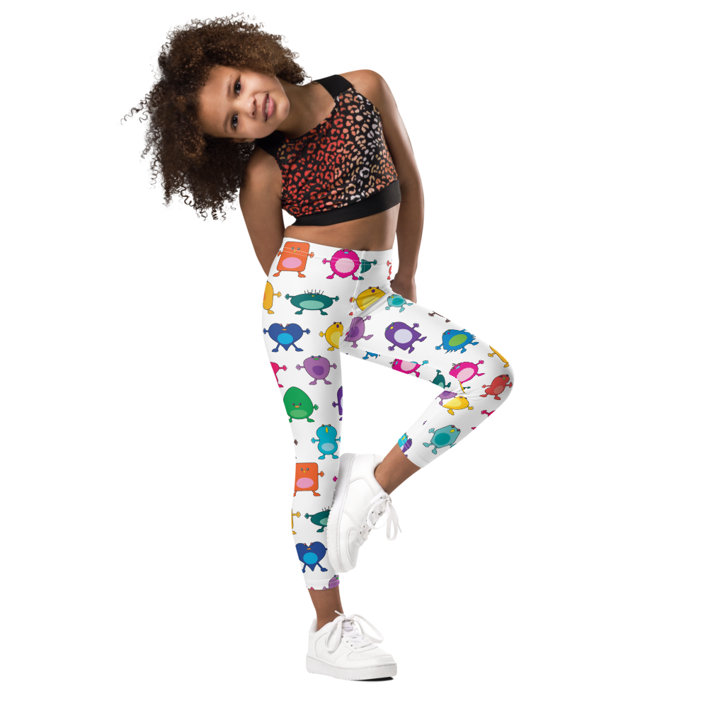 Large Monster white Kid's Leggings Multi Colour girl front view