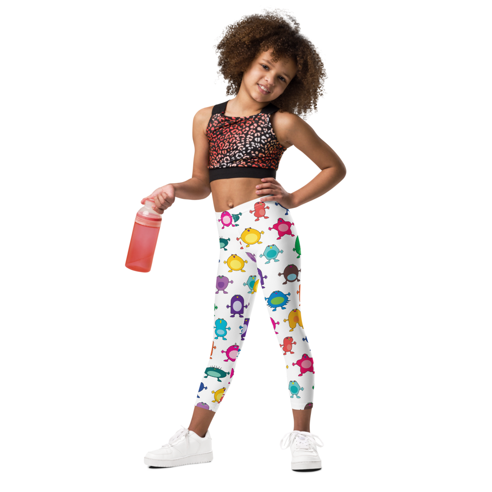 Large Monster white Kid's Leggings Multi Colour girl front view
