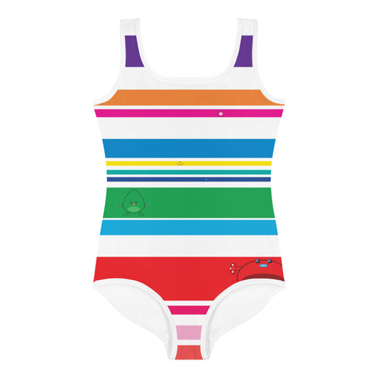white girls swim suite with coloured stripes and monsters front view