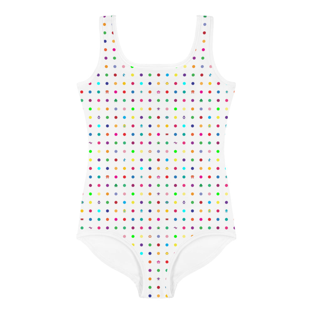 white girls swim suit with small dots and coloured monsters front view