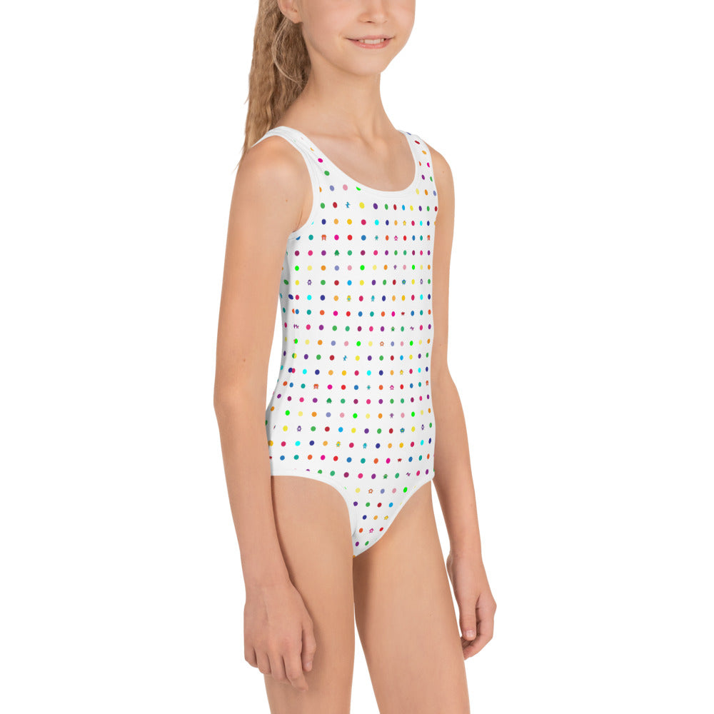 white girls swim suit with small dots and coloured monsters kid side view