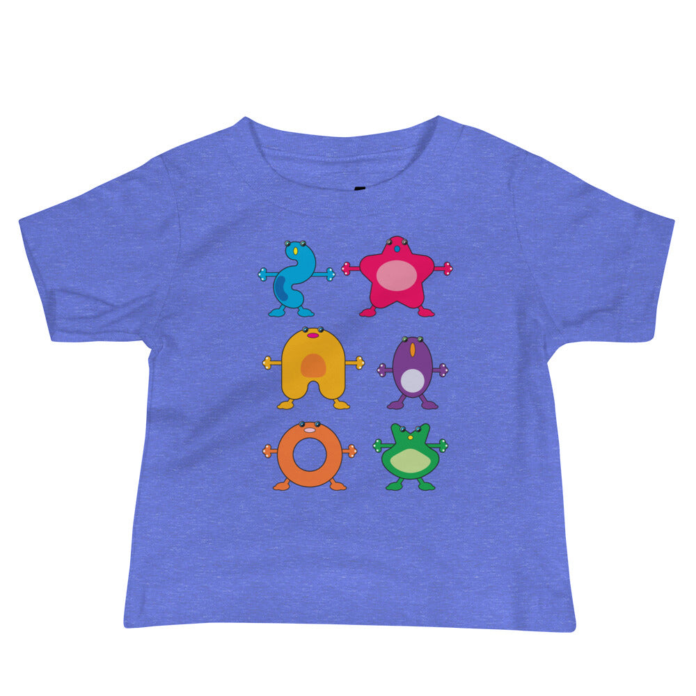 baby t-shirt blue with six large coloured monsters
