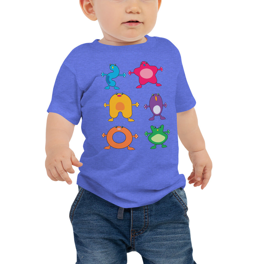 baby t-shirt blue with six large coloured monsters