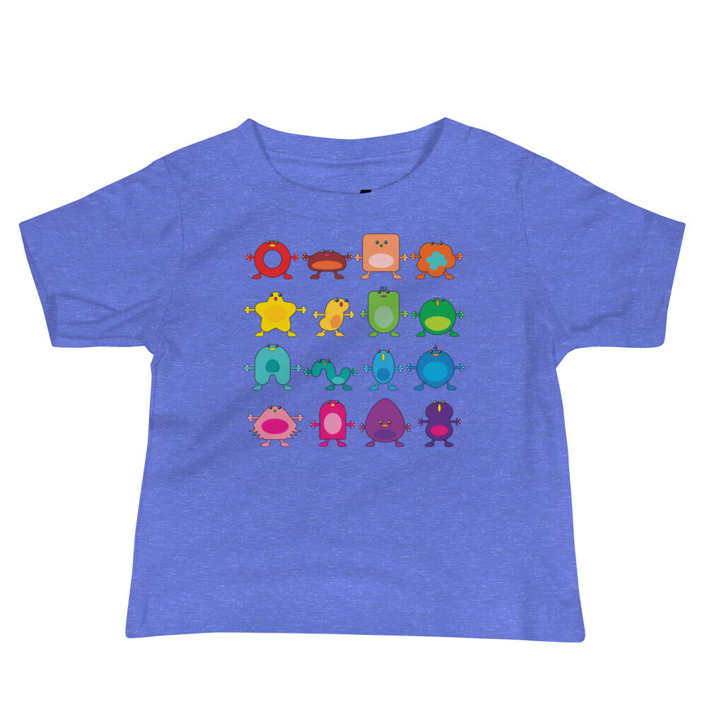 baby t-shirt blue with twelve large coloured monsters rainbow
