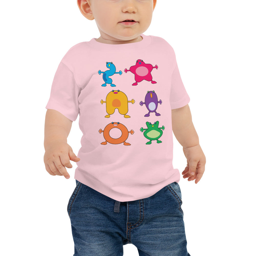 baby t-shirt pink with six large coloured monsters
