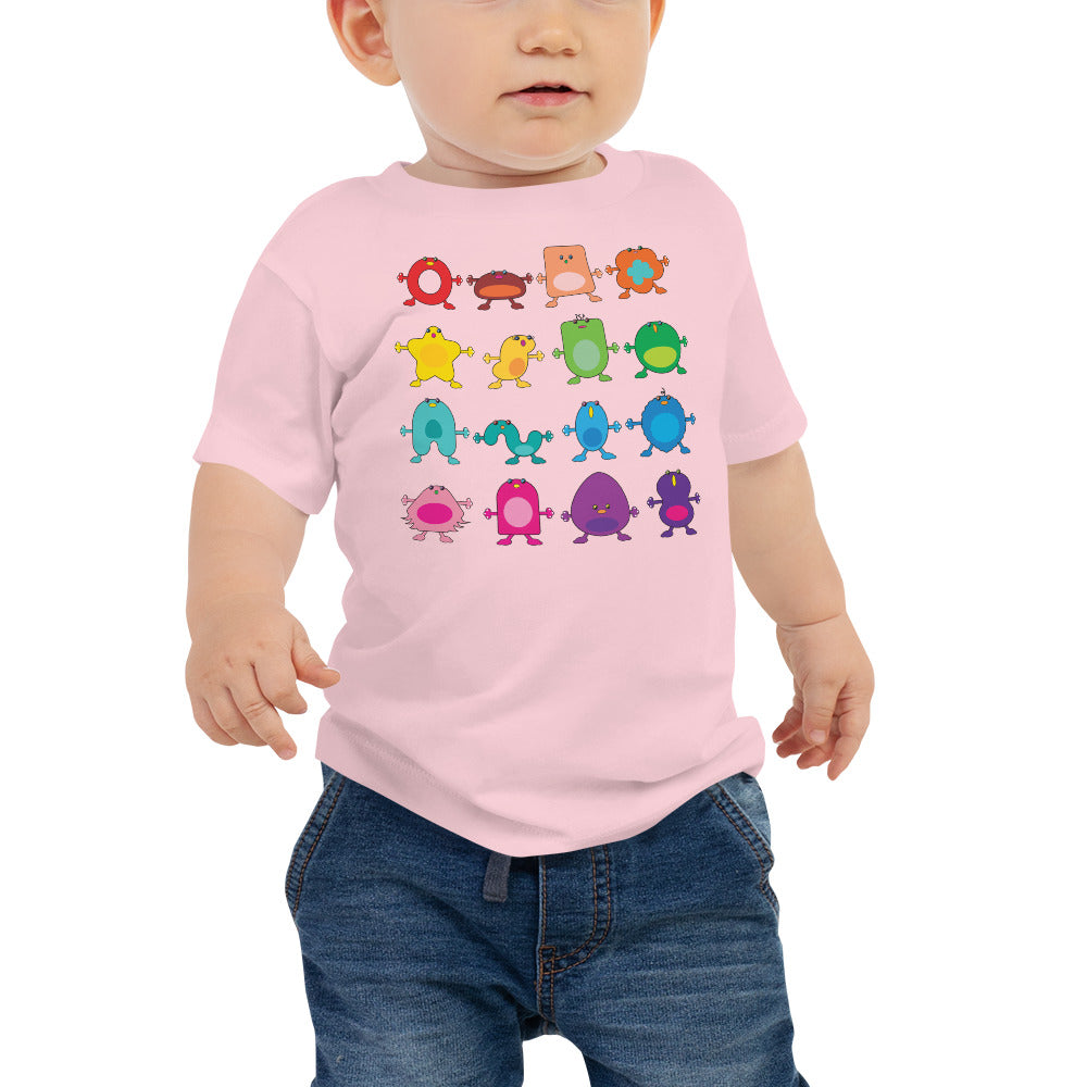 baby t-shirt pink with twelve large coloured monsters rainbow