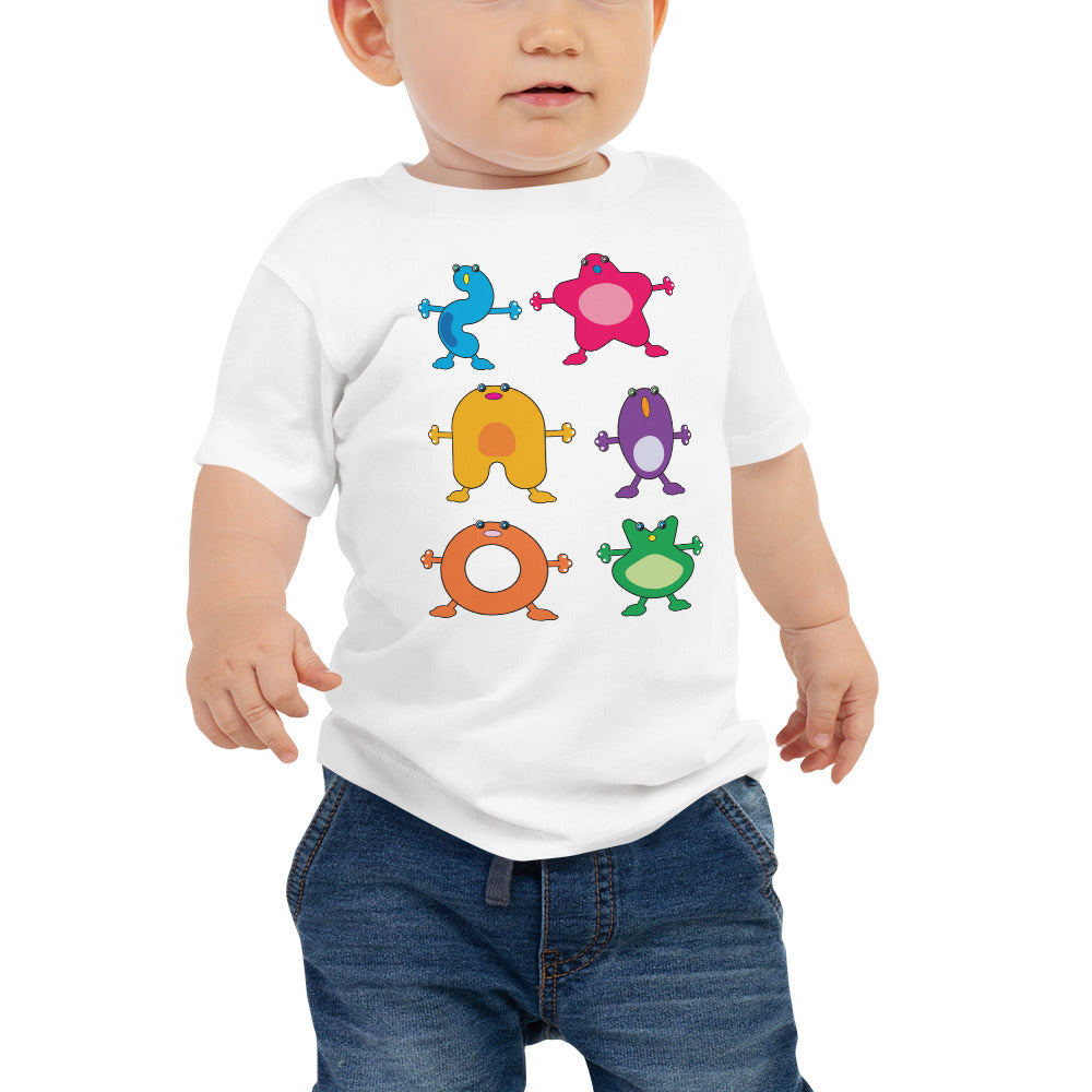 baby t-shirt white with six large coloured monsters