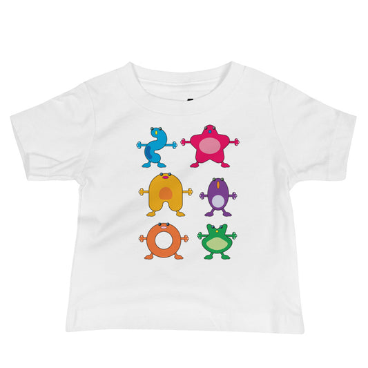 baby t-shirt white with six large coloured monsters