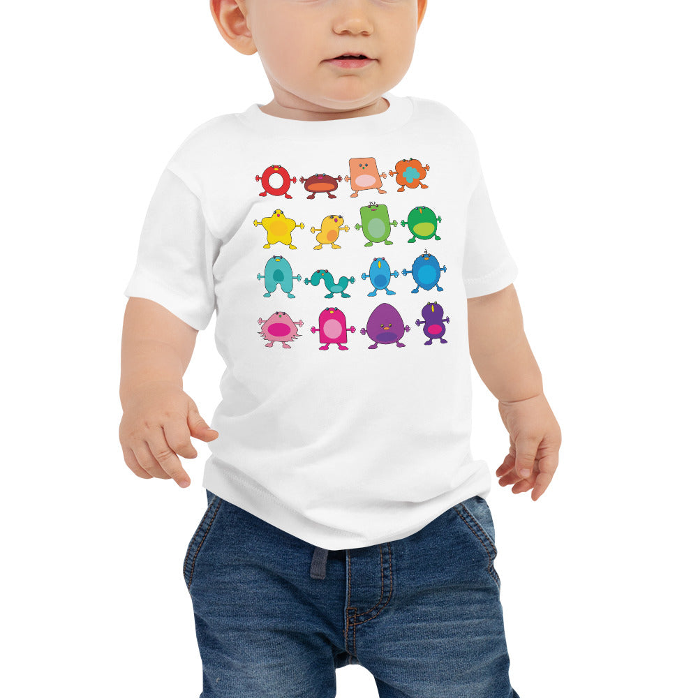 baby t-shirt white with twelve large coloured monsters rainbow